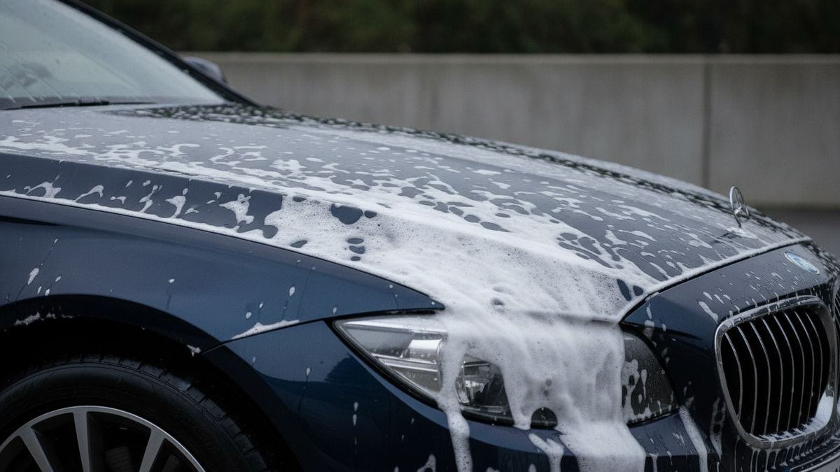 Thick white foam sliding off the hood of a dark car during a hand wash