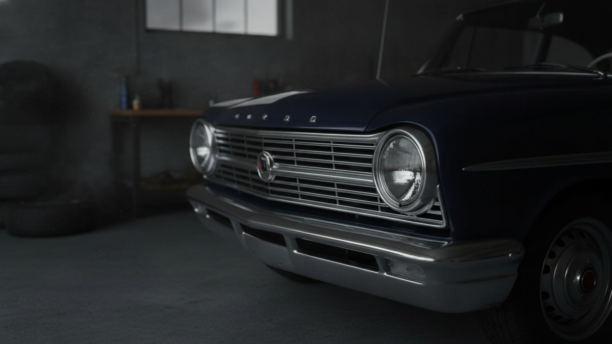The chrome grille and round headlight of a classic car parked inside a dim garage