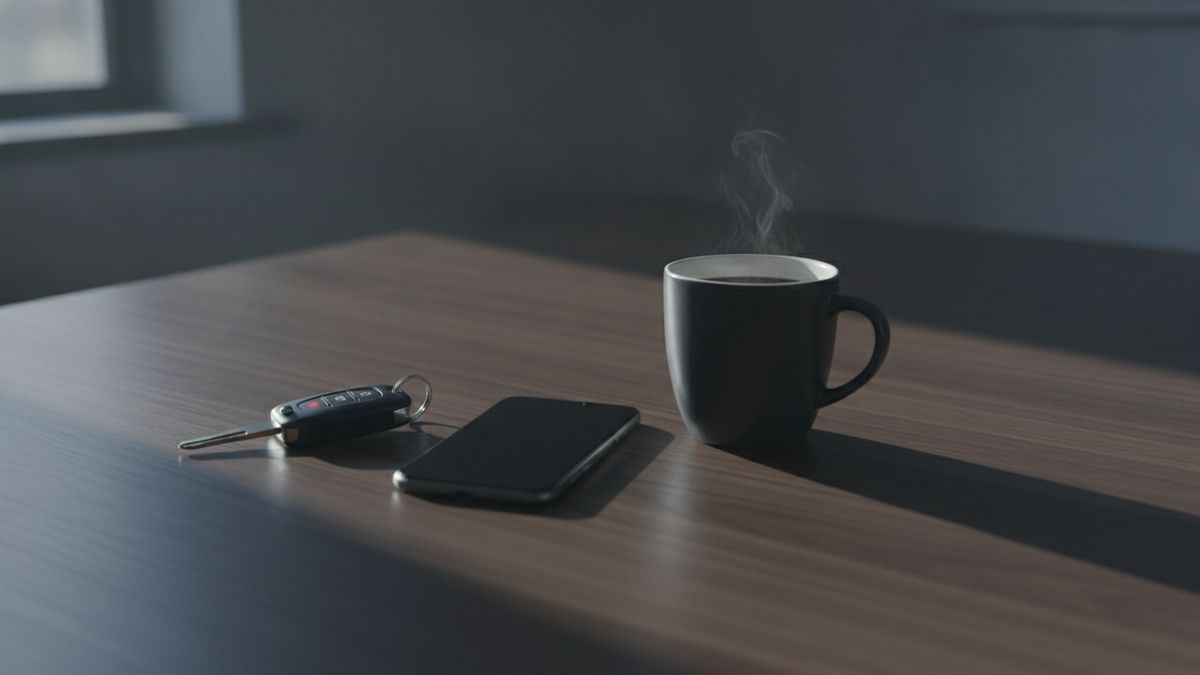 Car keys and a smartphone resting on a wooden table beside a coffee mug