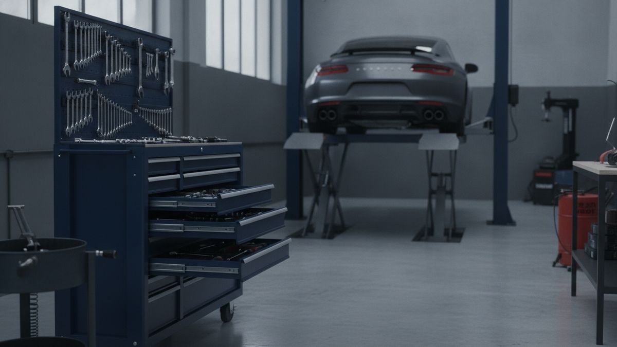 A tidy auto workshop interior with a tall tool chest and a car raised on a lift