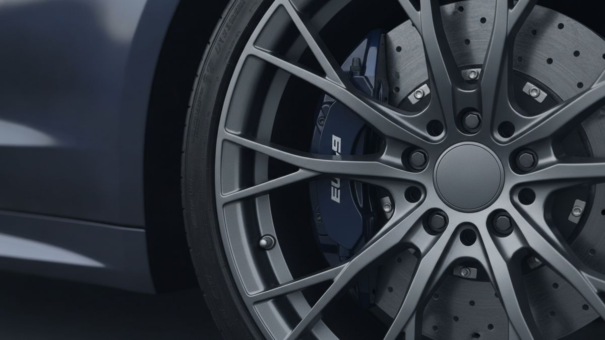 A car wheel with the brake caliper and disc visible through the alloy spokes