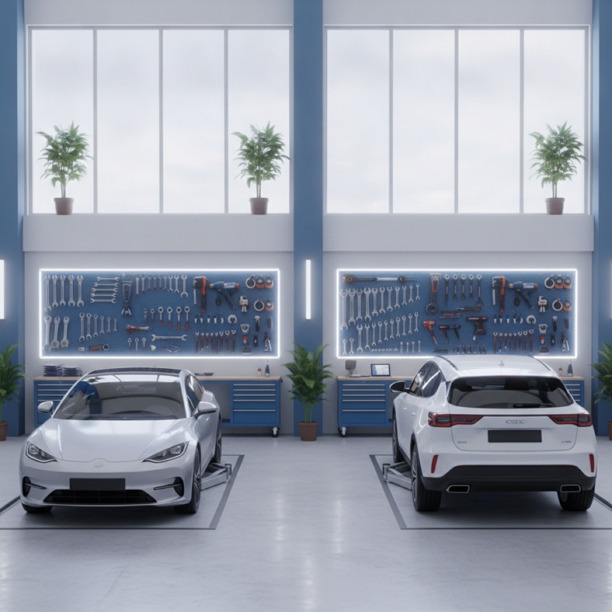A bright, modern repair garage with cars on lifts