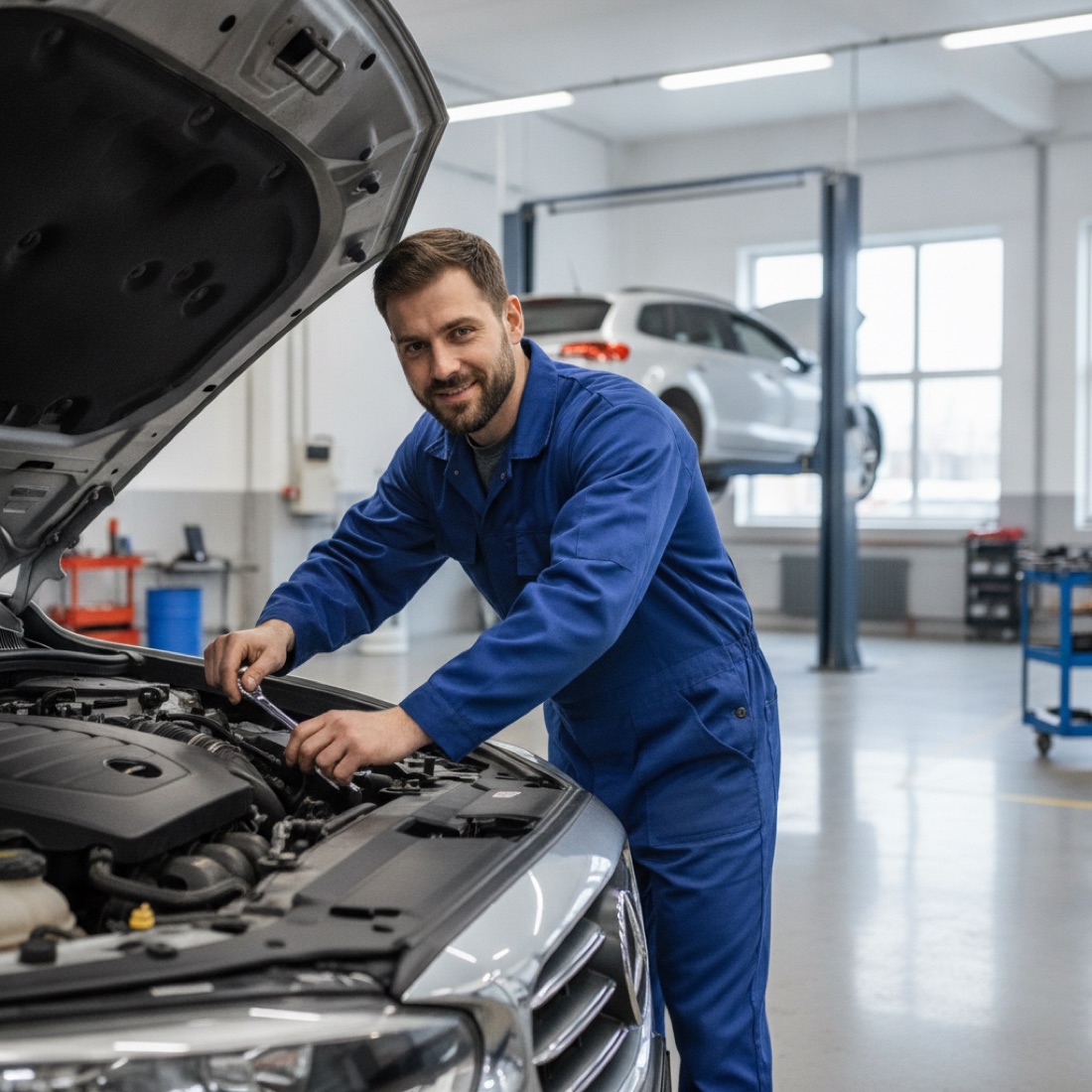 A friendly mechanic working under the hood of a car